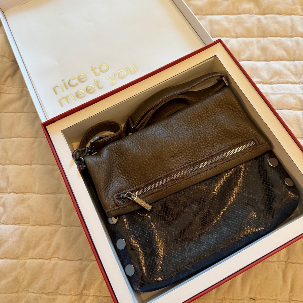 Chic Brown Leather Snakeskin Crossbody Clutch